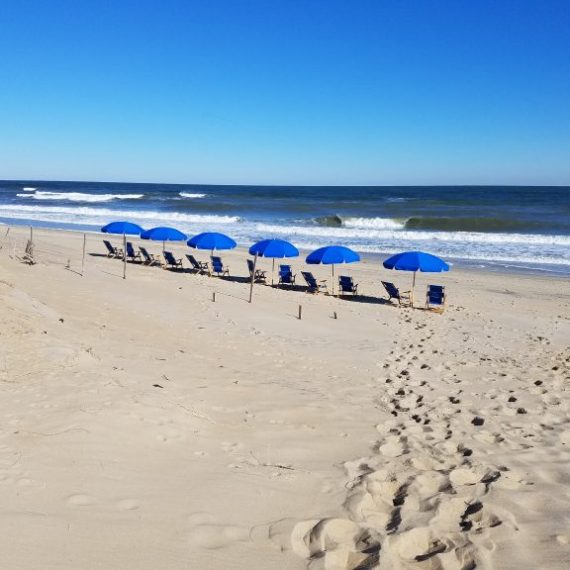 Six Blue Beach Umbrellas and Chairs on Beach