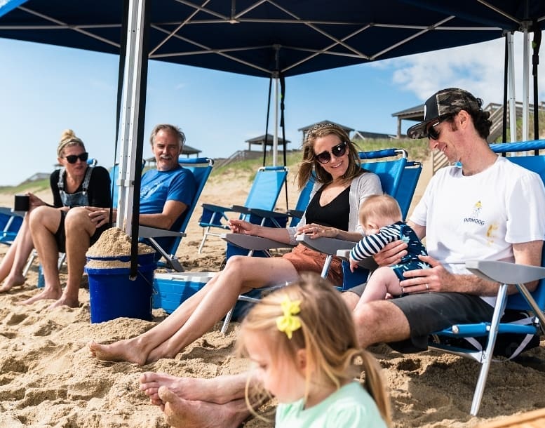 a group of people sitting at a beach