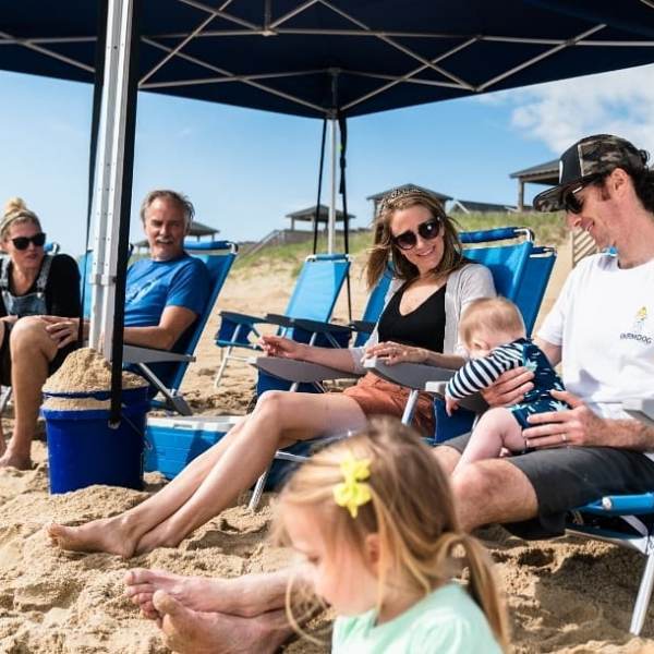 a group of people sitting at a beach