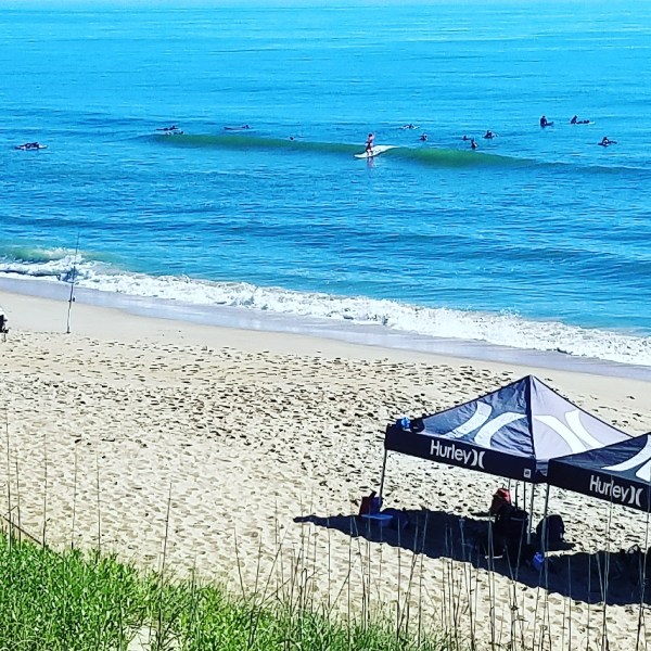 a group of people sitting at a beach
