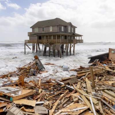 House on stilts over waves, debris scattered on beach with another house in background.