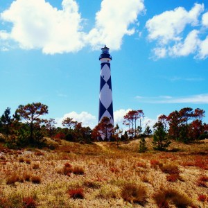 Tall lighthouse with black and white diamond pattern surrounded by trees and blue sky.