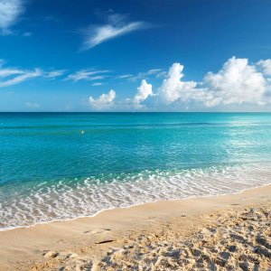 Sunny beach with turquoise water and fluffy clouds in blue sky.