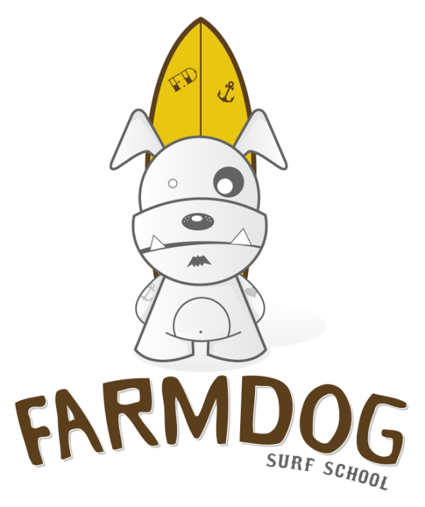 Cartoon dog with surfboard and text 'Farmdog Surf School'