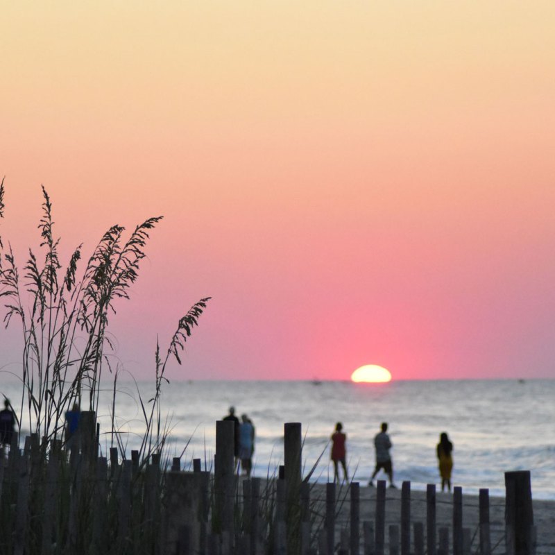 Sunset over ocean with people on beach, tall grass and wooden fence in foreground.